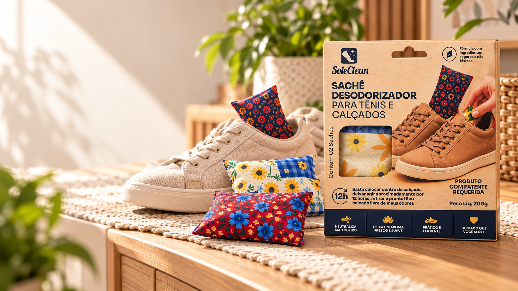 Embalagem SoleClean com sachês florais e tênis sobre móvel de madeira