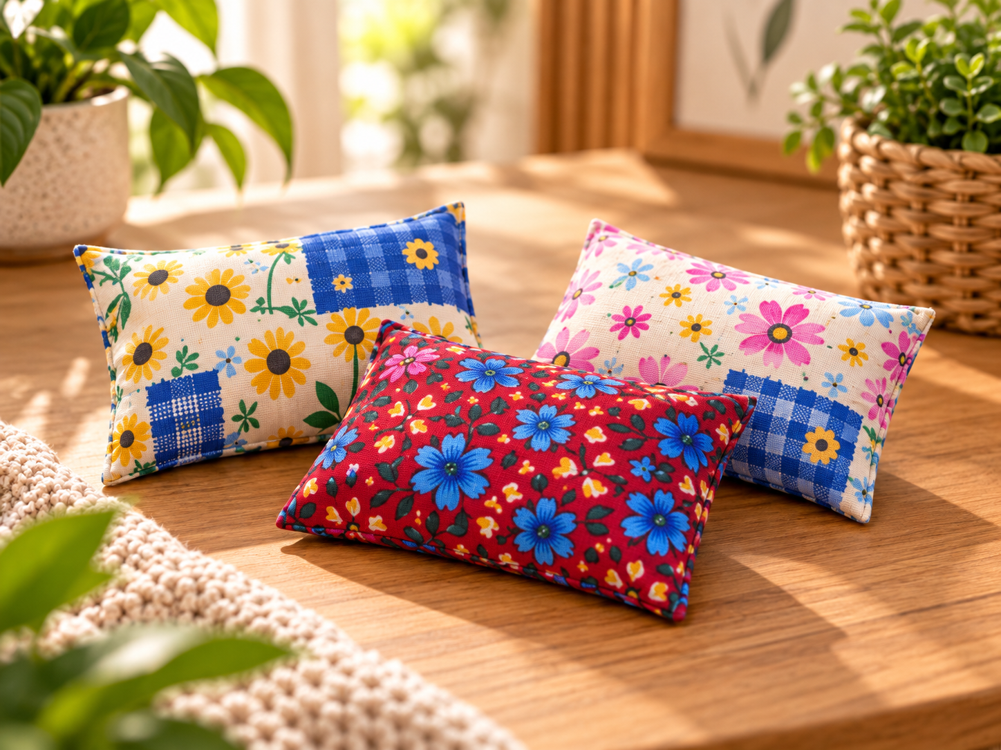 Sachês SoleClean com estampas florais sobre mesa de madeira